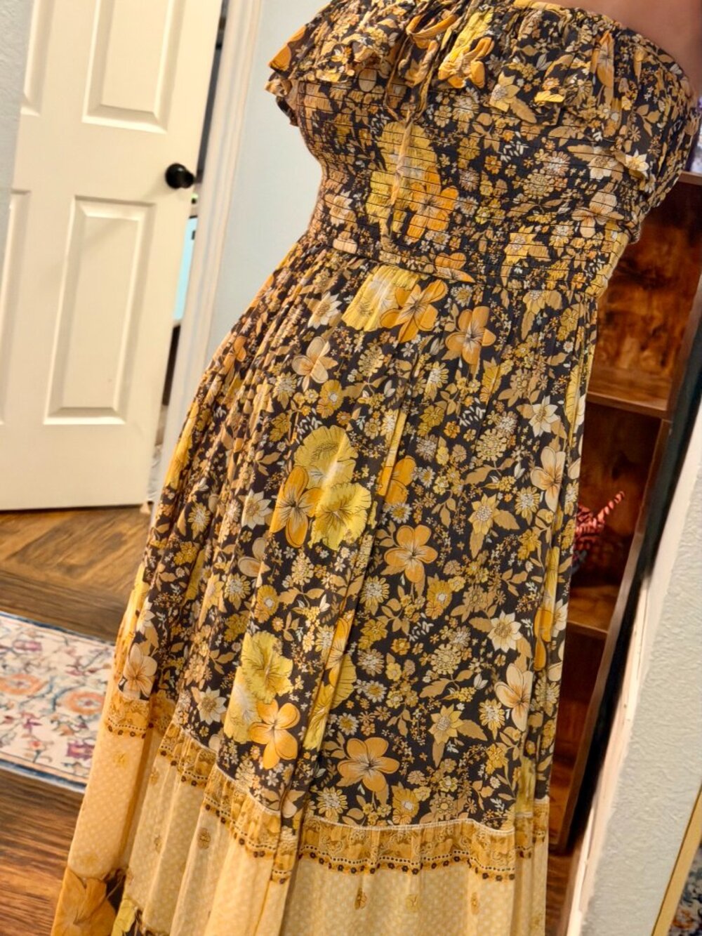 Spell Hibiscus Lane Strapless Flutter Midi Dress Licorice Small Boho Floral